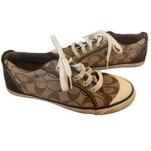 Coach Barrett Lowline Sneakers Signature Jacquard Brown Beige Leather Trim 7.5